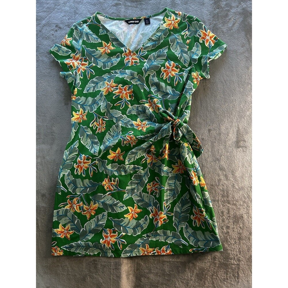 Lands’ End Women’s Large Tropical Floral Faux Wrap Dress Green Short Sleeve